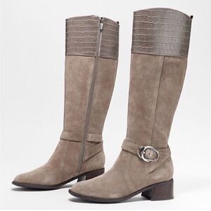 Marc Fisher Wide Calf Croc Embossed Knee High Side Zip Suede Boots Taupe 9, NWOB